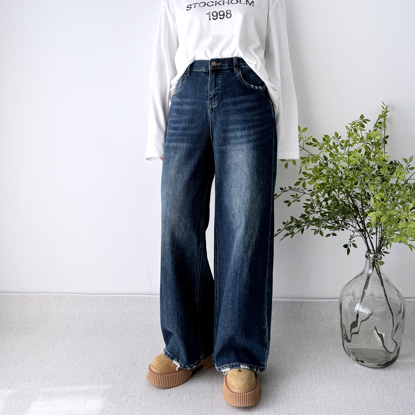 大码高个子直筒阔腿牛仔裤女裤子