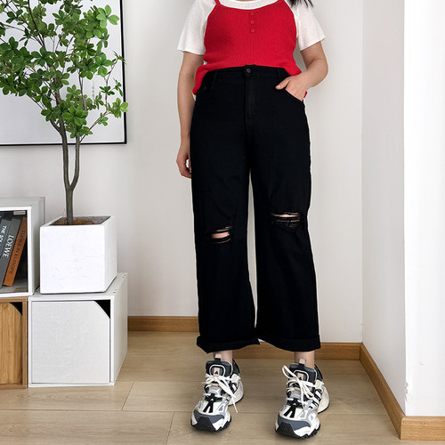 大码薄款破洞直筒牛仔裤显瘦裤子