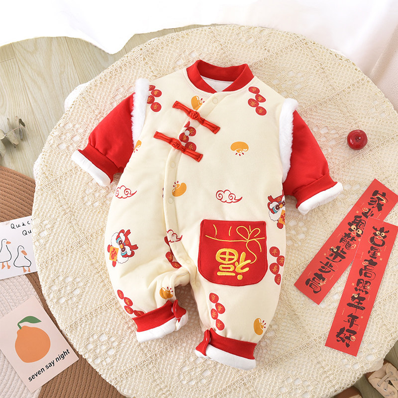 婴儿连体衣夹棉加厚棉衣新生幼儿爬服宝宝衣服冬装红色拜年外出服