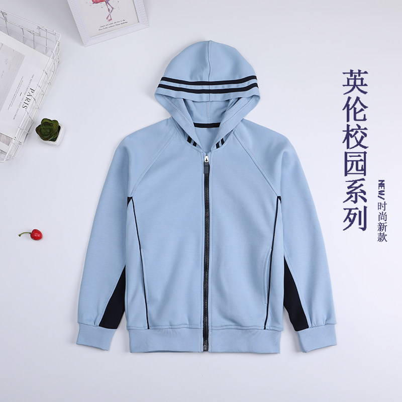 儿童连帽外套浅蓝色棒球服男女童拉链衫春秋中小学生校服运动套装