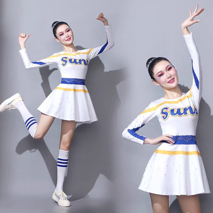 啦啦队服成人演出服白蓝黄撞色字母印花竞技表演服装男女