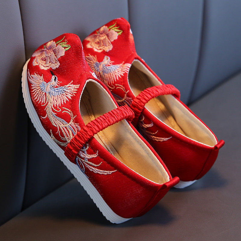 汉服鞋子儿童古代绣花鞋女童古装翘头布鞋宝宝红色古风舞蹈演出鞋