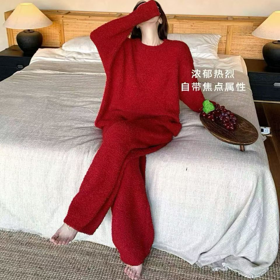 红色半边绒家居服套装女