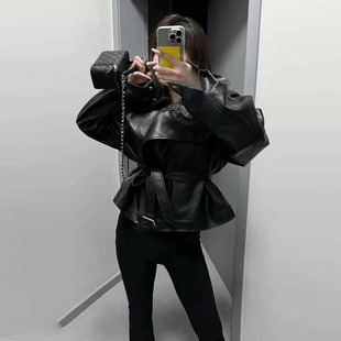 【五折】机车风潮酷黑色PU皮衣外套女新款小个子收腰绑带短款夹克