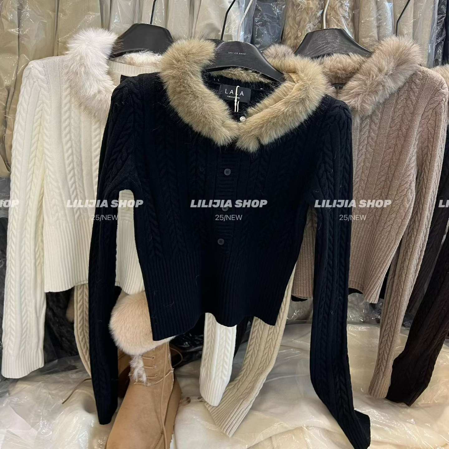 黑色气质款韩式慵懒毛领针织开衫