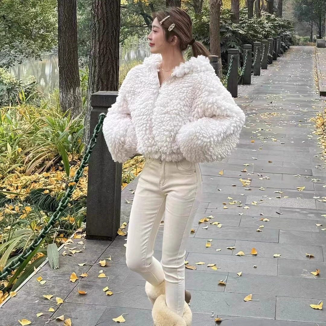 【五折】韩版羊羔毛茸茸连帽短外套季保暖百搭皮毛一体颗粒绒上衣,女装/女士精品,短外套,淘宝优惠券,粉丝福利购,淘宝优惠卷