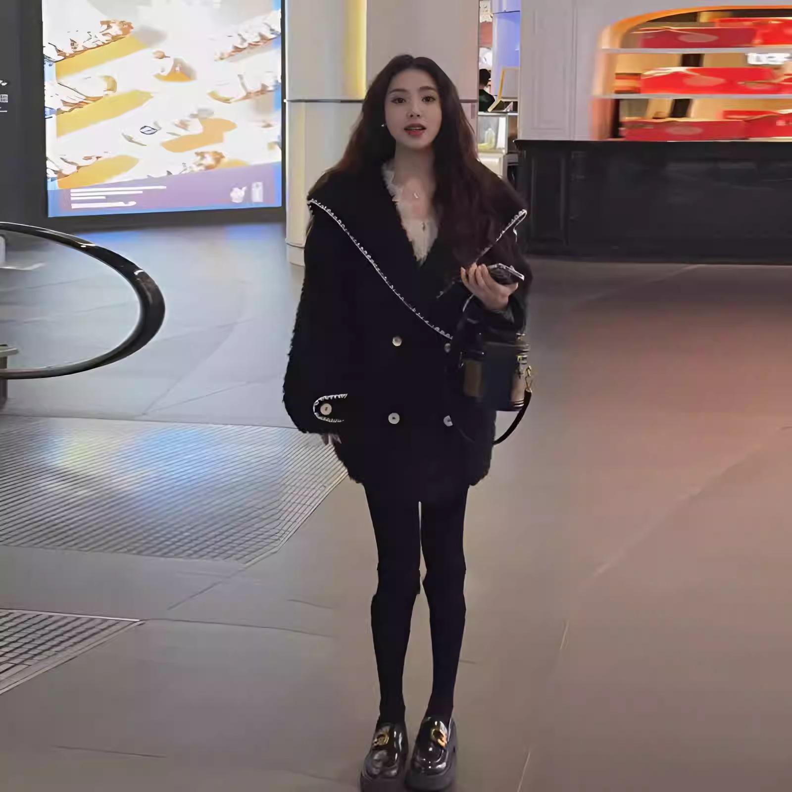 海军领羊羔毛外套中长款皮毛一体