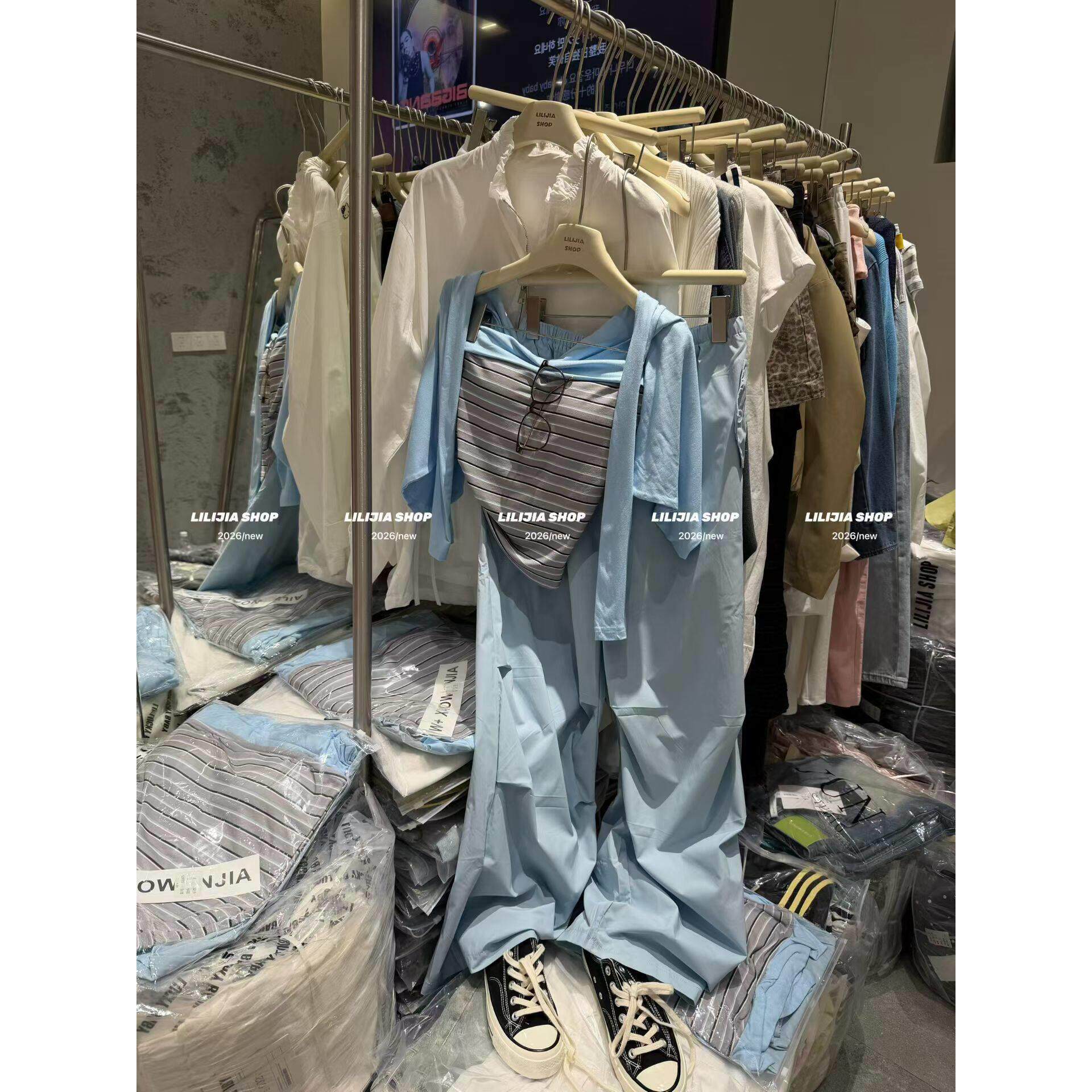 2026新款韩版时尚百搭显瘦休闲套装女夏季三件套蓝色洋气工装风潮