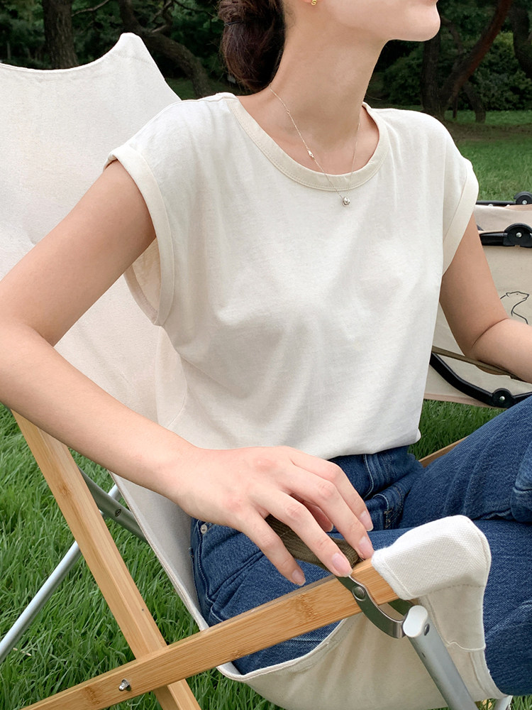 韩系落肩短袖上衣女夏季纯棉短款无袖百搭简约宽松圆领卷边袖t恤