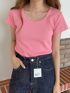 U领T恤女夏季 韩版 清仓 上衣短袖 绝版 玫粉色精梳棉螺纹弹力修身