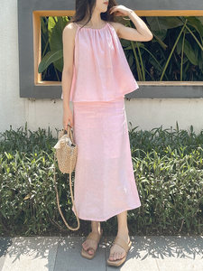 亚麻吊带粉色韩版修身半身裙通勤