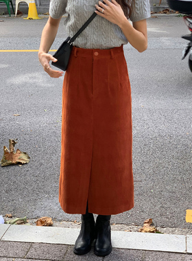 灯芯绒半身裙女春秋法式高腰包臀裙高个子条绒宽松直筒a字裙子