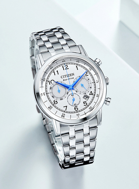 西铁城新款手表光动能小蓝针商务休闲三眼计时多功能手表CA4630