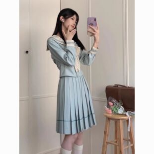 薄荷白巧收腰长袖水手服女上衣日系学院风JK制服长裙套装原创正版