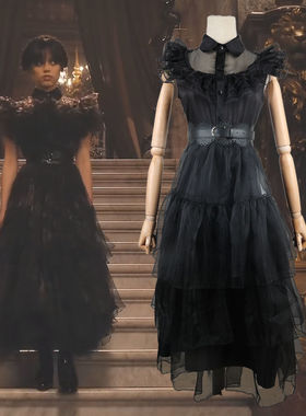 星期三亚当斯一家同款cos舞会wednesday黑色连衣裙派对礼服cos裙