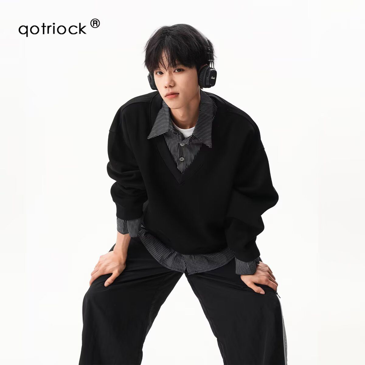 假两件POLO卫衣男士2025冬季宽松撞色拼接长袖miu系休闲情侣外套