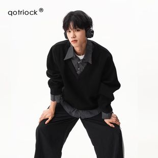 假两件POLO卫衣男士2025冬季宽松撞色拼接长袖miu系休闲情侣外套