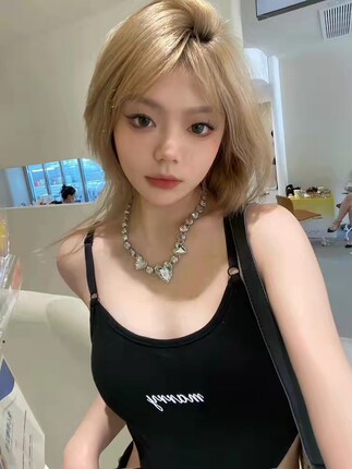 MM纯欲性感高叉露腰字母吊带背心夏季新款修身显瘦欧美连体上衣