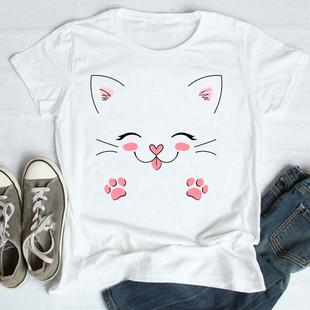 Lovely Women Cat Face Tees Animal Printing Cute Graphic