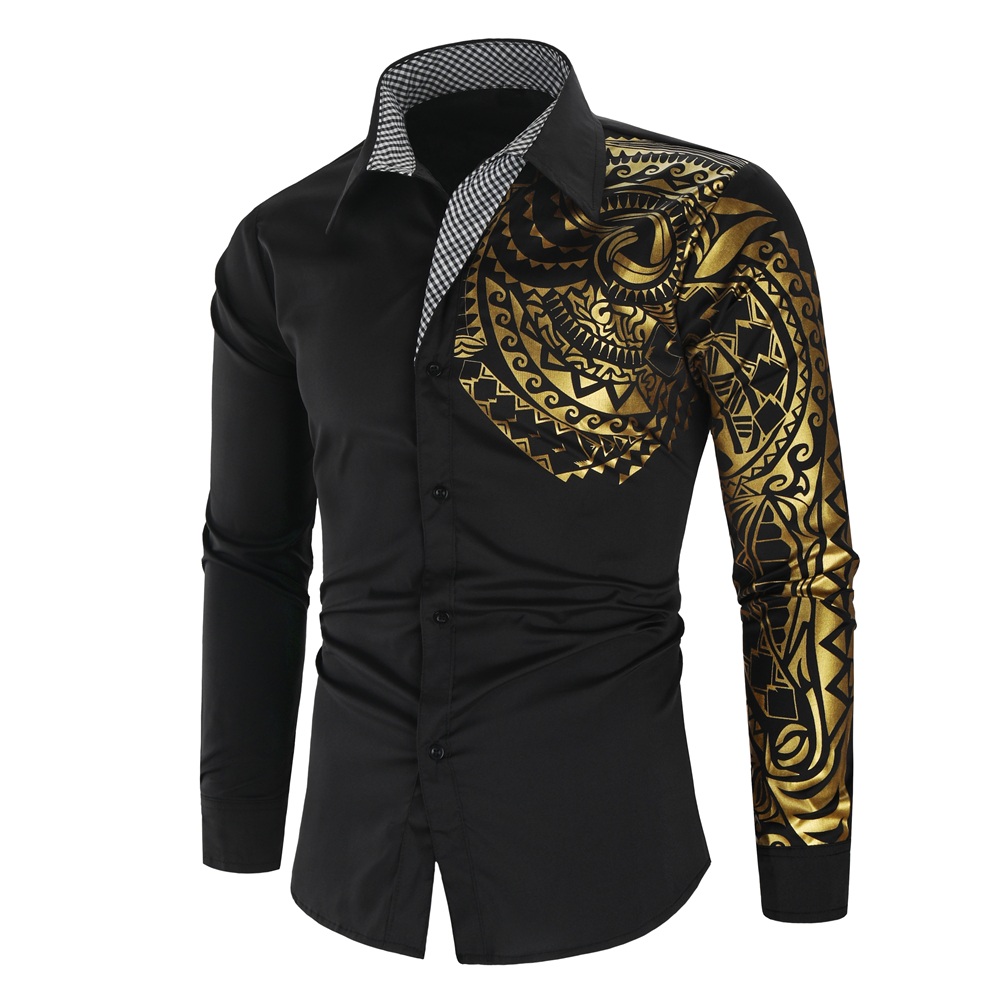 Luxury Gold Black Shirt Men New Slim Fit Long Sleeve Camisa-封面