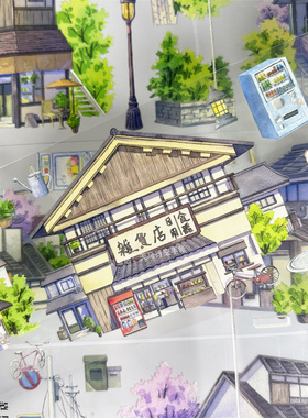 手帐分装胶带日式街店景物志房屋小店邮箱路灯樱花PET素材账贴纸