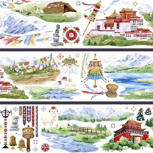 手帐分装胶带暮雪圣山新七天经幡牛羊草古风PET素材账流麻diy贴纸