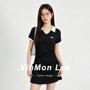 夏季高级感韩版学院风气质修身显瘦Polo领连衣裙女辣妹a字裙子