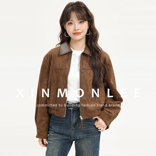 XinmonLee高级感美拉德咖色短款鹿皮绒外套春秋季复古夹克上衣女