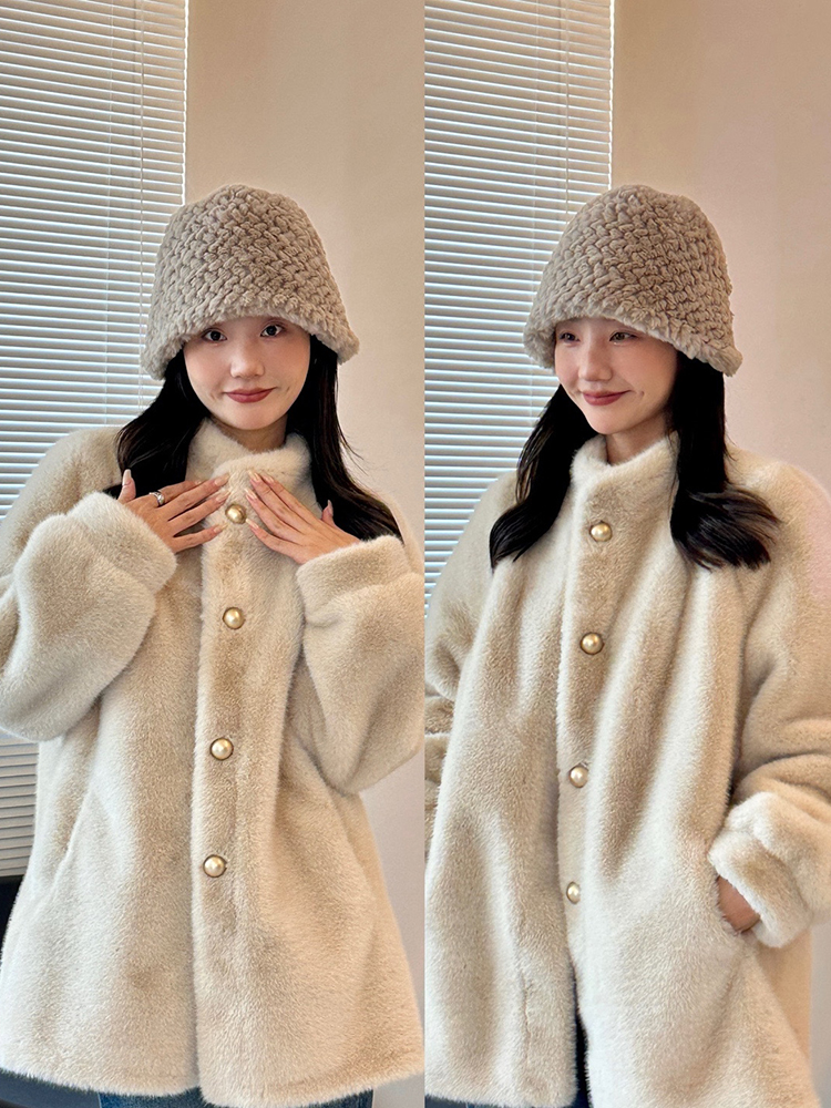 皮毛一体外套女秋冬新中长款立领