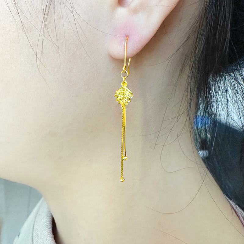 黄金耳环9999足金耳坠女款素金耳饰树叶流苏真金情人节送女友
