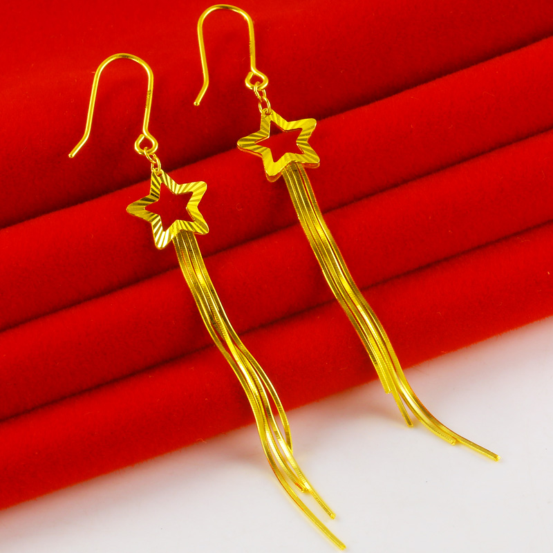 黄金耳环9999足金耳坠女长流苏纯金耳线五角星真金耳饰年轻款