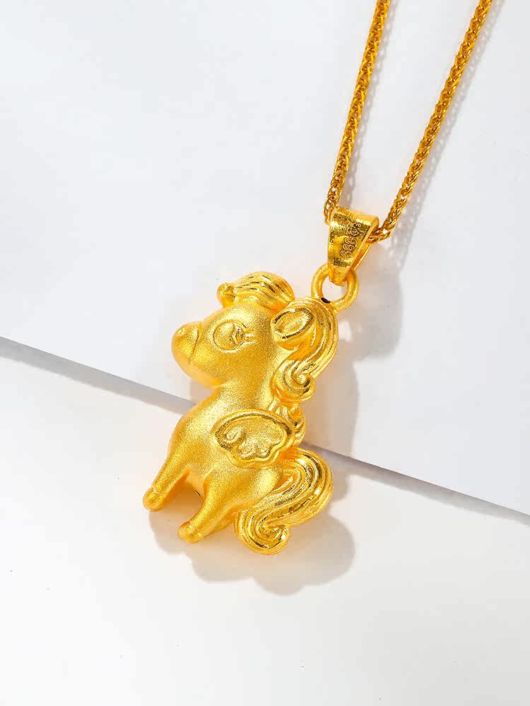 黄金生肖小马吊坠999足金3d硬金天使马 小金飞马女款锁骨项链女友