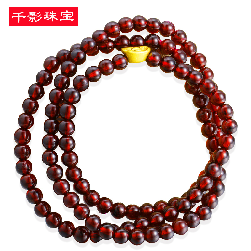 珠宝 天然石榴石手串黄金手链999足金元宝男女款项链酒红色