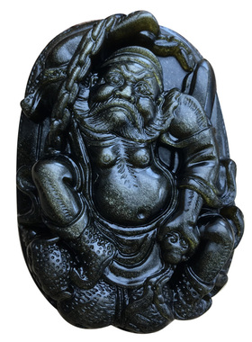 天师钟馗黑金曜石天师吊坠女男款关公二爷武财神项链平安坠子