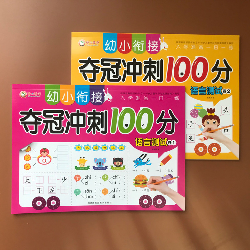 2册入学准备大班学前班一年级 幼小衔接夺冠冲刺100分语言测试卷1/卷2 入学准备一日一练汉语拼音学前教育习题集3-6岁儿童适用