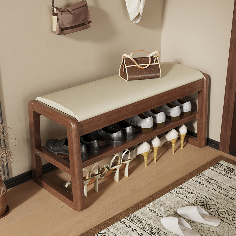 家用进门口入户穿鞋凳可坐鞋柜一体软包鞋架北欧中古风实木换鞋凳