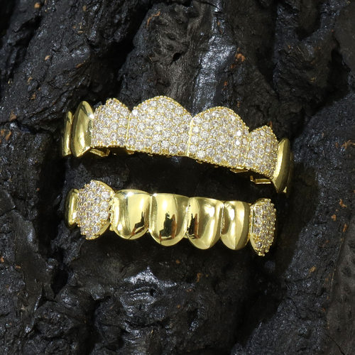 铜镶锆石嘻哈金牙套新款嘻哈说唱夸张八齿金牙齿潮人牙饰 GRILLZ