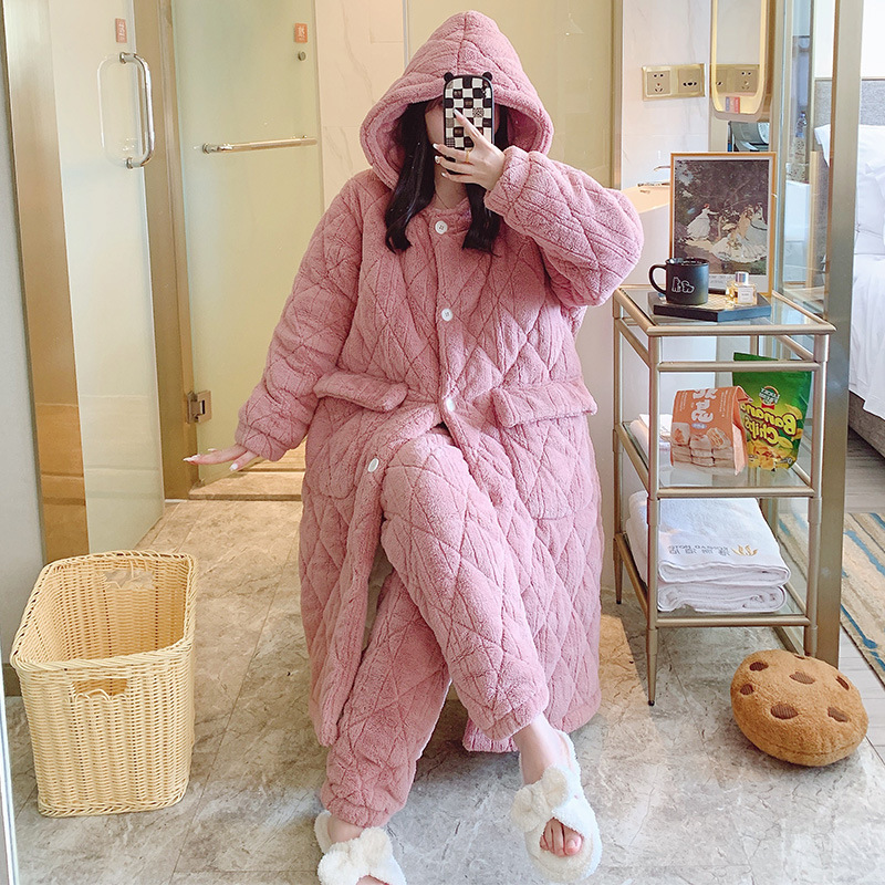 深粉色睡袍珊瑚绒保暖三层夹棉睡衣女秋冬季加长款加厚家居服