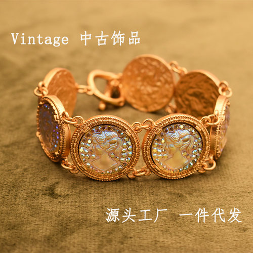 中古Vintage复古宫廷百搭人头像链条人鱼姬女士手链耳钉戒指套装