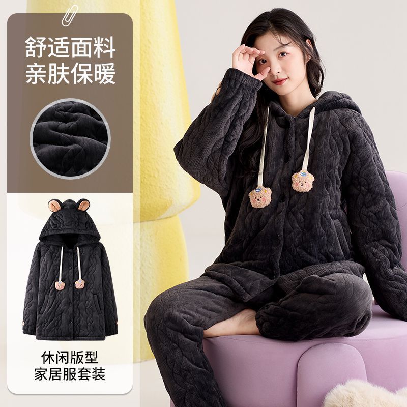 新款三层夹棉睡衣女秋冬连帽加绒加厚保暖冬季卡通开衫家居服