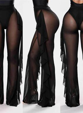 New Sexy Ruffle Women Beach Mesh Pants Sheer Wide Leg Pants