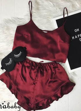 Silk Robe Camis Shorts 2Pcs Babydoll Nightwear Red Sleepwear