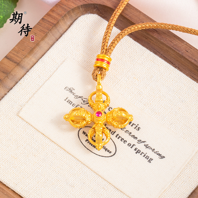 古法沙金十字金钢杵吊坠项链女款玫红钻时尚轻奢百搭越南沙金挂坠