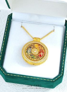 新中式沙金镶钻好运锦鲤双鱼旋转罗盘吊坠国潮风精致复古毛衣链