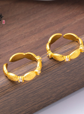 越南古法沙金店同款拉丝橄榄枝钻石戒指高级轻奢个性新潮戒指女