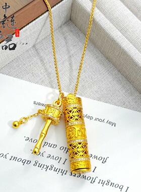 金店同款古法越南沙金镶钻六字真言拨浪鼓随身佛项链随身佛吊坠