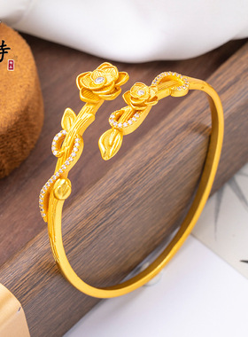 越南沙金不掉色镶钻轻奢花藤玫瑰花园开口手镯轻奢感时尚百搭女
