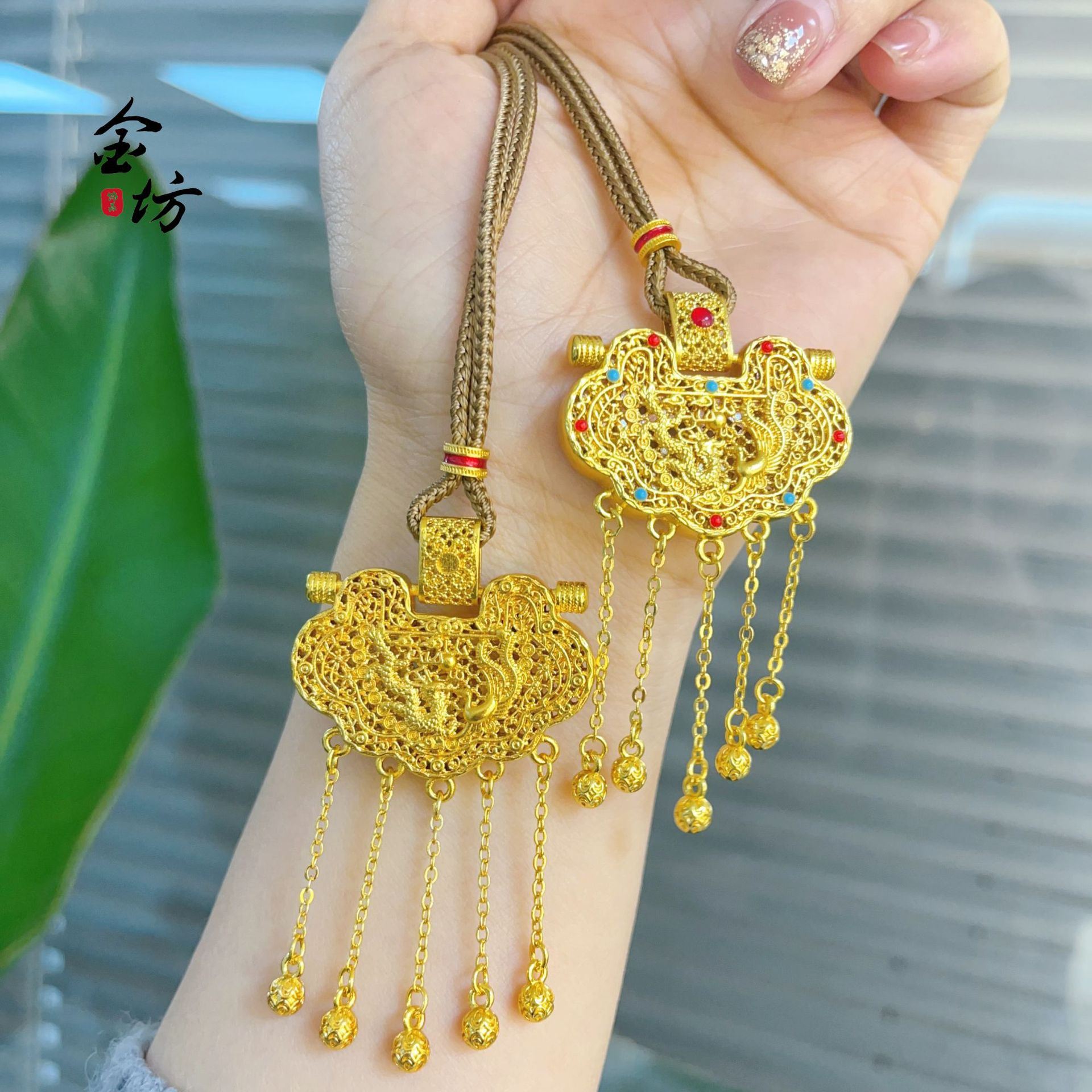 金店同款越南沙金新款花丝镶嵌天子门生流苏龙凤锁包项链国风饰品
