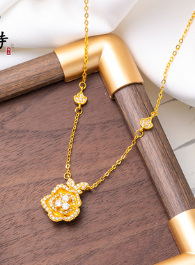 越南沙金轻奢风双生花镶石边玫瑰花项链个性气质花朵饰品挂件项链