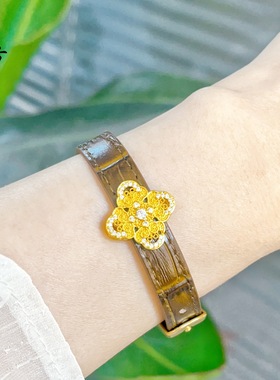 越南沙金镶钻四叶草八宝罗盘表盘真皮表带时尚气质手环不掉色百搭